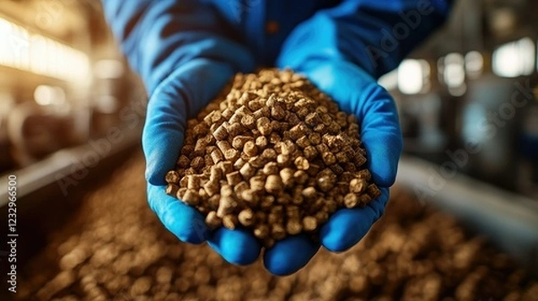Fototapeta Gloved hands hold a portion of brown feed pellets