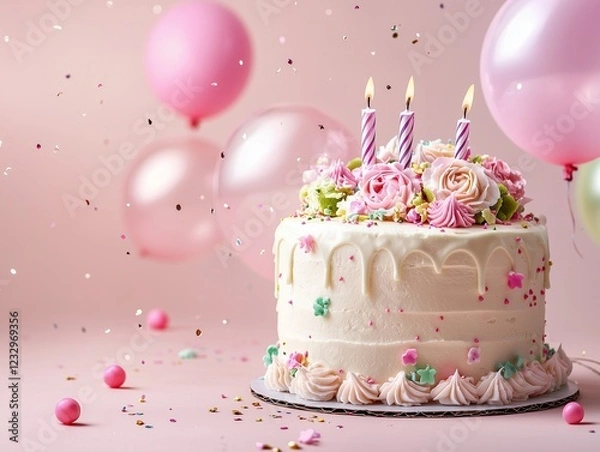 Fototapeta A birthday cake with floral decorations, isolated on a soft background with shiny balloons floating around.