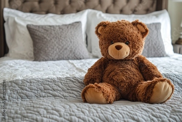 Obraz Cozy bedroom with a bear on a neatly made bed in soft natural light