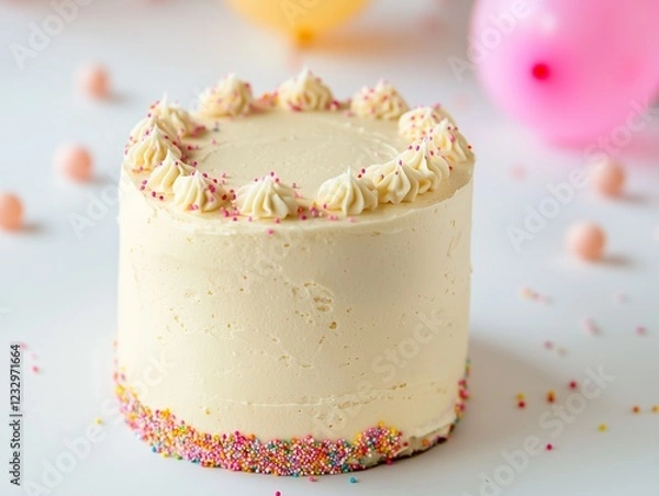 Fototapeta A modern birthday cake with simple frosting, isolated on a clean backdrop with scattered balloons in the background.
