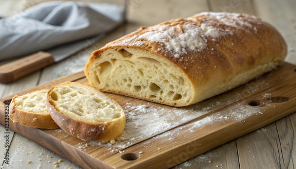 Obraz Freshly baked bread loaf with sliced pieces on wooden board