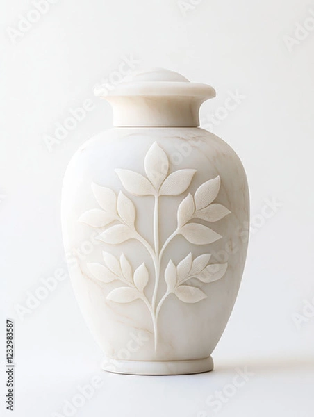 Fototapeta This exquisite marble urn features hand-carved floral motifs, radiating elegance and tranquility. Its smooth texture and neutral tones create a peaceful atmosphere for pet memorials
