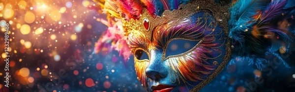 Fototapeta A dazzling carnival mask with bright colorful feathers and glittering accents, evoking joy and festivity.