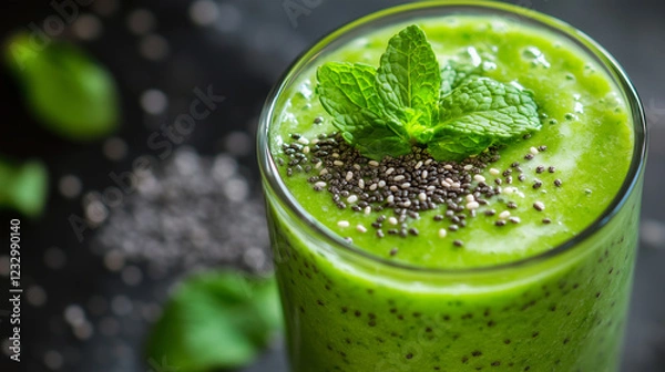 Fototapeta A close-up of a green smoothie in a glass, with fresh mint leaves and chia seeds on top, radiating a healthy glow