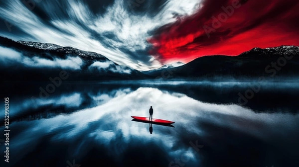 Obraz Surreal Landscape with Solo Figure on Red Paddle Board at Dawn
