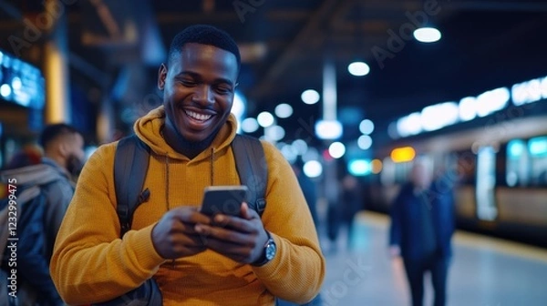 Obraz Smiling man texting at night train station