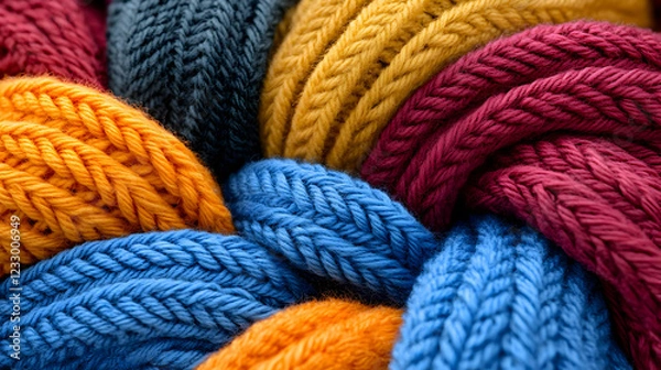 Fototapeta Colorful yarn strands intertwined, close-up texture, craft background, textile design