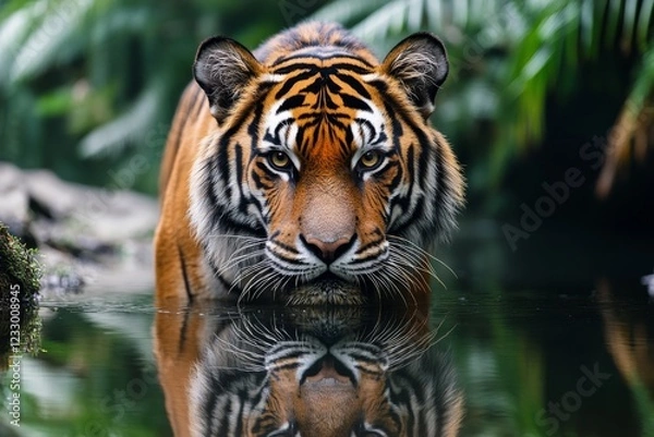 Fototapeta Portrait of a tiger standing on the bank of a calm river. Tiger standing on the surface of the water looking at the camera.
