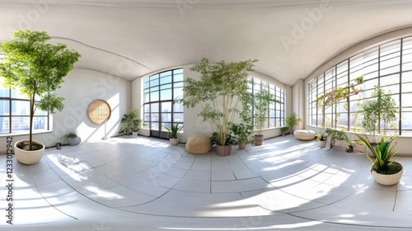Obraz 360 degree full panorama environment map of empty office loft interior with white tiled floor and bright day lighting 3d render illustration hdri hdr vr virtual reality content