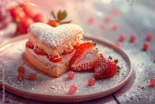 Fototapeta Heart-shaped layered cake with cream and strawberries, dusted with powdered sugar, creating a romantic and sweet dessert for Valentine's Day