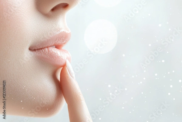 Obraz Close-Up of Woman's Finger on Soft Lip with Gentle Snowflakes Background