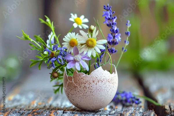 Fototapeta Rustic arrangement of wildflowers in a speckled eggshell vase, set on a weathered wooden surface, creating a natural and charming spring display