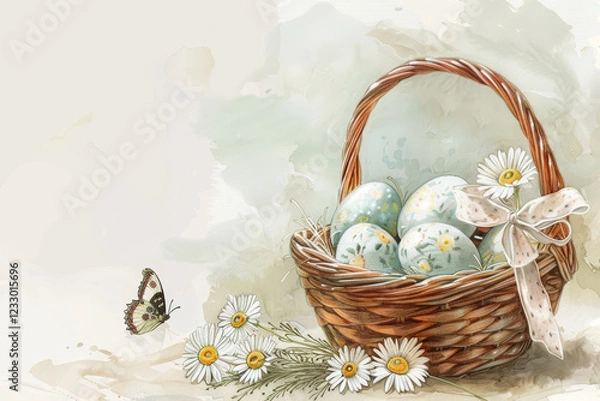 Fototapeta Wicker basket with hand-painted Easter eggs, daisies, and a decorative ribbon, accompanied by a butterfly on a soft pastel background