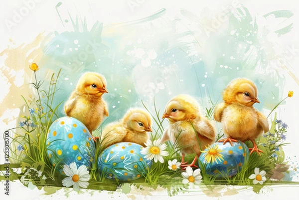 Fototapeta  Adorable yellow chicks surrounded by painted Easter eggs, daisies, and fresh spring grass, set against a soft pastel background