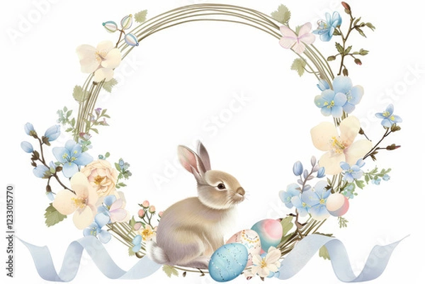 Fototapeta Delicate Easter wreath adorned with pastel flowers, painted eggs, and a cute bunny, accented by a soft blue ribbon for a charming spring design