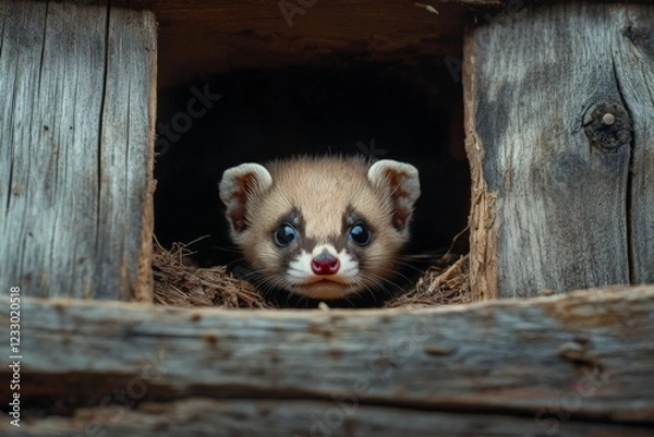 Obraz A playful baby ferret looks out from a small wooden burrow, showcasing its curious expression. This adorable moment captures the essence of wildlife in a natural setting