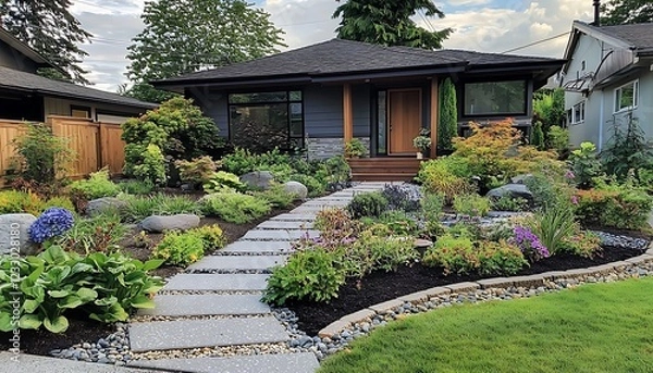Fototapeta Transformation a worn-out front yard into a lush, vibrant garden with paved pathways