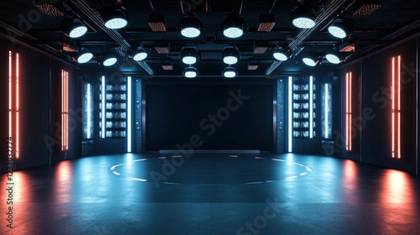 Obraz 360 degree full panorama environment map of black minimalistic studio environment with bright lights and reflections 3d render illustration hdri hdr vr virtual reality. 3D Illustration
