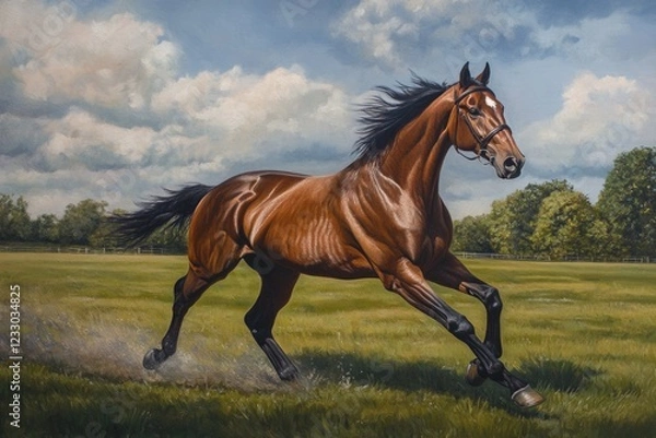 Fototapeta Energetic Bay Horse Galloping Across Lush Green Grass in a Natural Setting