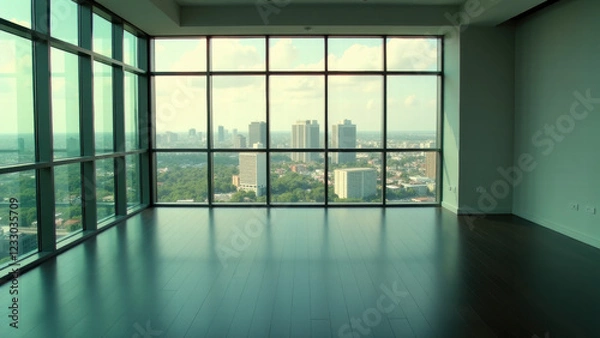 Fototapeta Bright Room with Unobstructed Panoramic View of the City Skyline