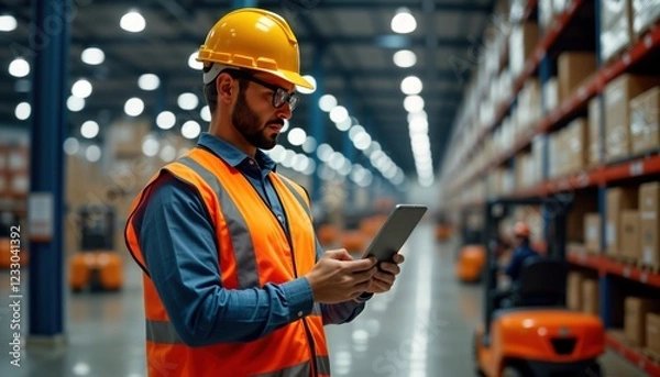 Fototapeta Warehouse supervisor checks inventory on tablet. Forklifts move in background. Busy warehouse environment. Modern tech tools in logistics. Supervisor wearing safety vest. Warehouse operation concept.