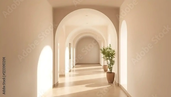 Obraz Sunlit Hallway with Archways and Potted Plants