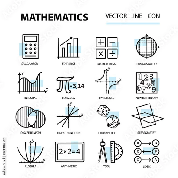 Obraz Zestaw ikon nowoczesnych cienkich linii do matematyki.