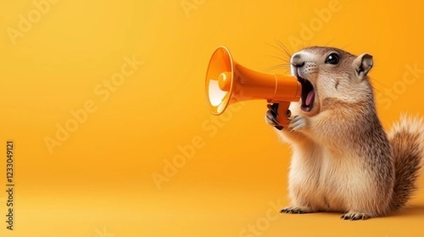 Fototapeta Groundhog screaming into megaphone symbolizes fun around Groundhog Day. Isolated on the bright orange background. Banner with copy space for promotions and advertisement