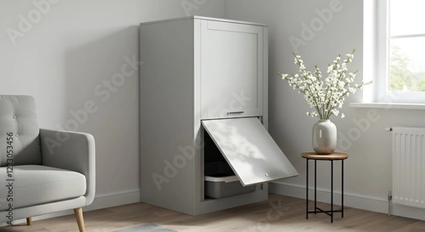 Fototapeta Tall gray corner storage cabinet, drop-front, modern design.  Open trash/recycling.