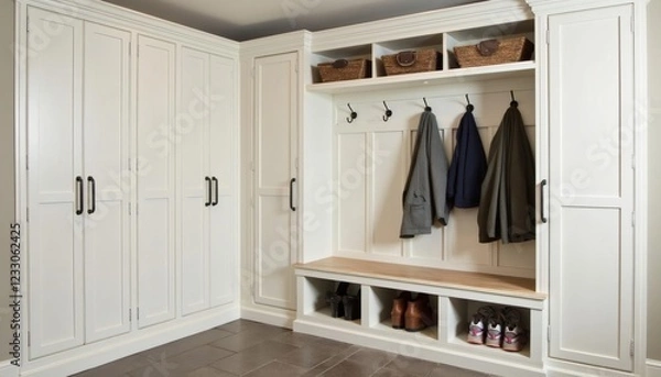 Fototapeta Elegant White Entryway Mudroom with Bench and Storage