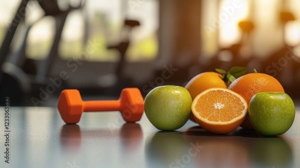 Fototapeta Fitness, healthy lifestyle and exercise equipment with dumbbell alongside fresh fruits like oranges and apples, promoting nutrition and wellness in gym environment.