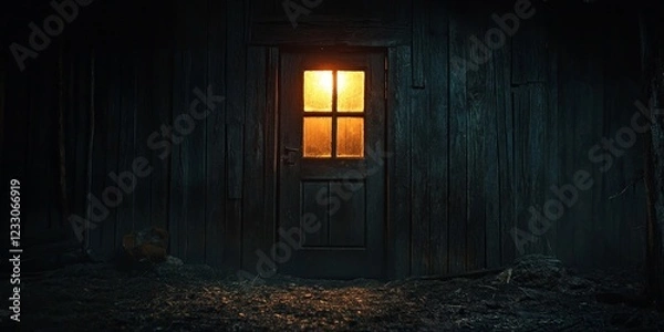 Fototapeta A warm, rustic barn with glowing lantern light, evoking nostalgia, rural charm, and a sense of tranquility.