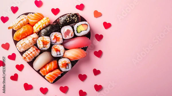 Fototapeta A delicious set of various sushi laid out in the shape of a heart surrounded by red paper hearts on a pink background for Valentine's Day. Japanese food for the holiday.