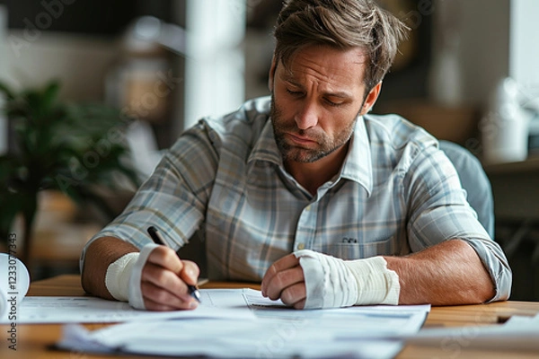 Fototapeta Man with broken arm in sling, carefully filling out health insurance claim form at desk