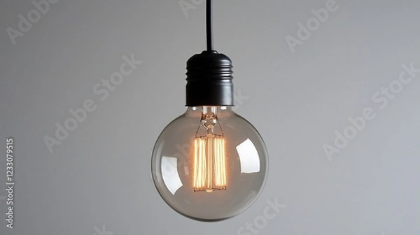 Fototapeta Vintage-style light bulb illuminating a minimalist space with soft gray background