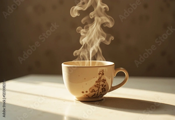 Fototapeta Warm ceramic cup emits steam on a smooth surface in a neutral toned setting during morning.