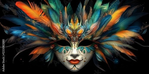 Fototapeta A vibrant carnival mask with colorful feathers and abstract particles on a dark background. Perfect for festivals or celebration themes.