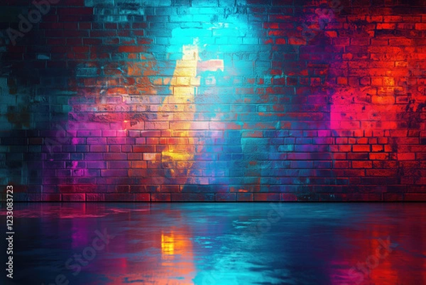 Fototapeta Colorful painted brick wall background in spot light. Reflections on floor.