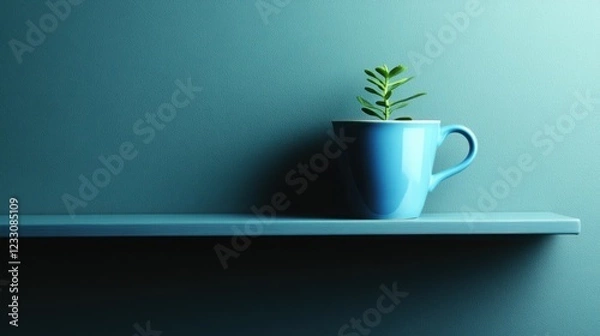 Fototapeta Minimalistic Composition Featuring a Blue Cup with a Green Plant Against a Soft Textured Background in Calm and Inviting Light