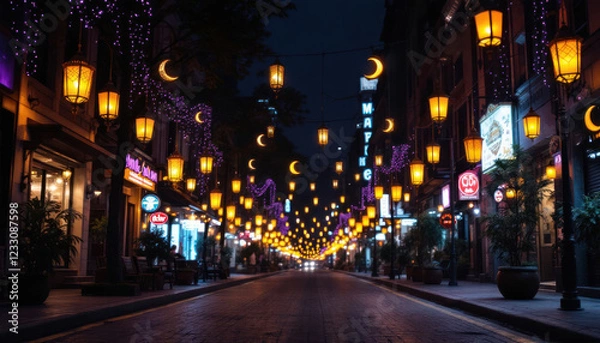 Obraz Night Street Scene with Festive Lighting and Crescent Moons