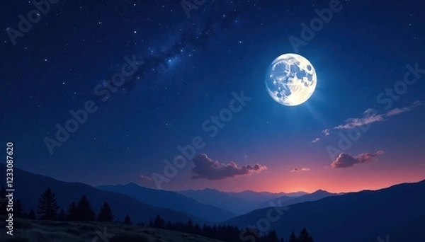 Fototapeta A vast, starry night sky with a bright full moon and constellation details, galaxy, moon