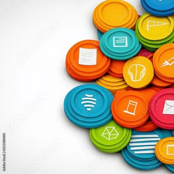 Fototapeta Colorful icons arranged in circular shapes representing various digital concepts and technologies for modern communication and networking solutions