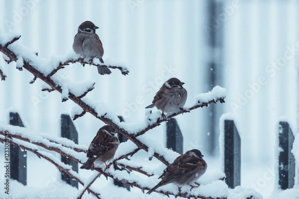Obraz Sparrows in the Snow – A Winter’s Perch