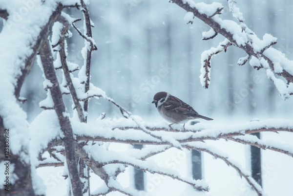 Obraz Sparrow in the Snow – A Winter’s Perch