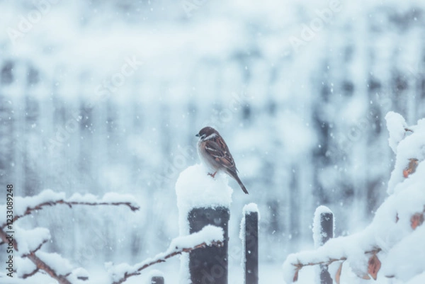 Obraz Sparrow in the Snow – A Winter’s Perch