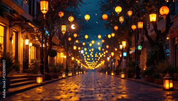 Fototapeta Enchanted Night Street: A mesmerizing view of a cobblestone street illuminated by hanging lanterns, creating a magical and serene atmosphere.