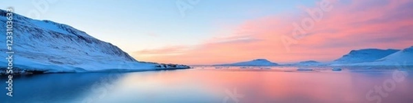 Fototapeta A beautiful, serene landscape with a calm lake and a pink sky. The sky is filled with clouds, and the sun is setting, creating a warm and peaceful atmosphere. The scene is perfect for relaxation
