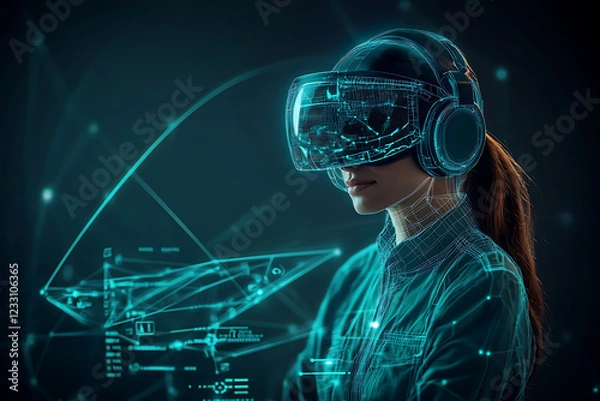 Fototapeta Glowing wireframe of a futuristic pilot inside virtual reality cockpit