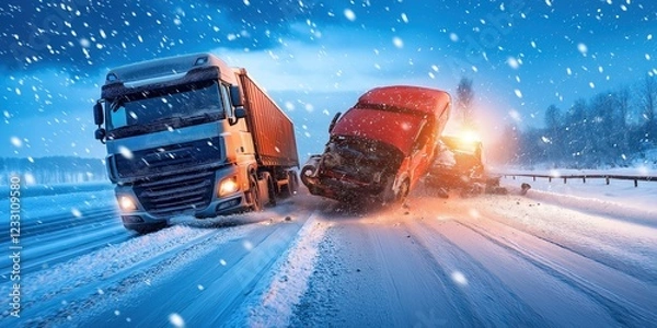 Fototapeta Two trucks are involved in a dangerous accident on a snowy highway at night, highlighting the risks of winter driving conditions and the importance of road safety