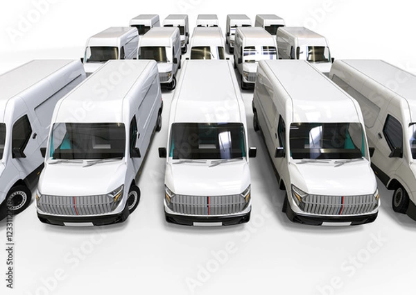 Fototapeta 3D render image representing a fleet of delivery vans. cars fleet